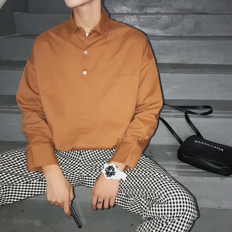 2018 корейский раннюю осень новые Мужская мода прилив High Street Solid Цвет отложной воротник свободные повседневные рубашки с длинными рукавами M-XL
