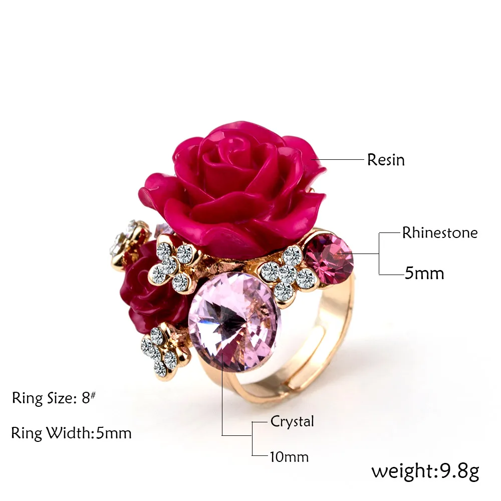 New Arrival 7 colors Resin Crystal Rose Flower Gold-Color Adjustable Women Wedding Fashion Statement Finger Rings