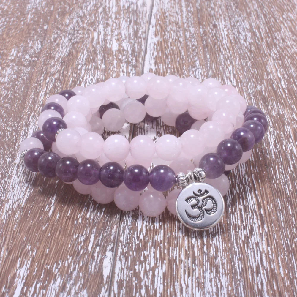 8 мм натуральный камень мала розовый, фиолетовый кристалл, лотос, Ом, браслет с буддийскими шармами для женщин Йога ювелирные изделия