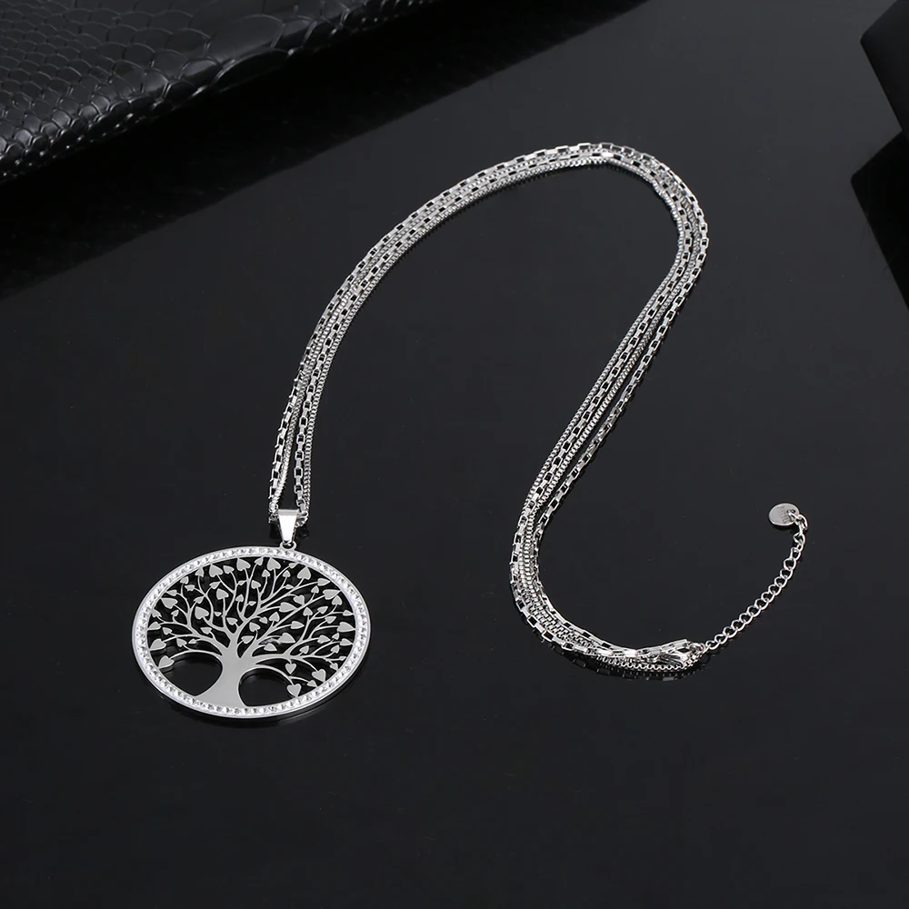 Gold Tree Of Life Big Round Pendant Necklace With Rhinestone Geometry Stainless Steel Long Necklaces for Women Jewelry New