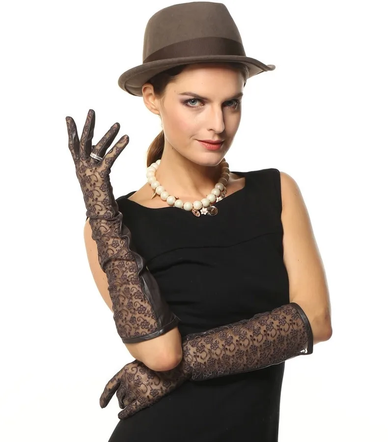 Новое поступление, женские перчатки 45 см, длинные кружевные перчатки из овчины, натуральная кожа, модные однотонные перчатки для взрослых L112N