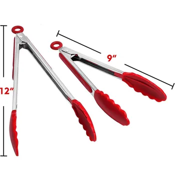 

1Set Red Silicone Stainless Steel Kitchen Cooking Salad Serving BBQ Tongs Clip Clamp Accessories Salad Serving BBQ Tools