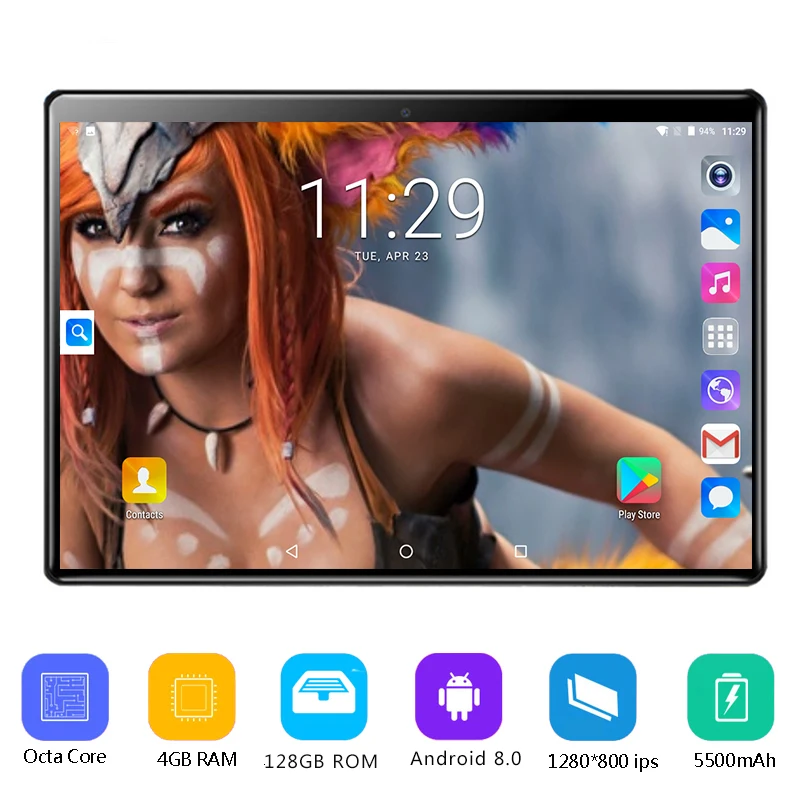 

10 inch tablet Android 8.0 Octa Core 4GB RAM 128GB ROM 8 Cores 1280*800 IPS 2.5D Glass Screen Bluetooth WiFi GPS Tablets 10.1