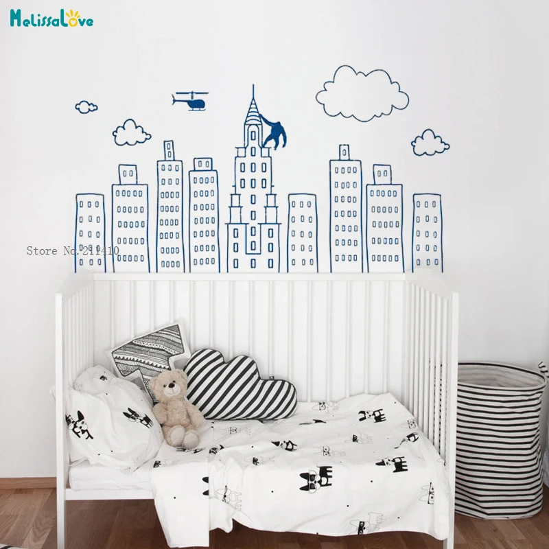 

Doodled City Skyline Removable Wall Decal Large vinyl sticker for Nursery Preschool and Playroom Kids Boys Art Murals YT1016