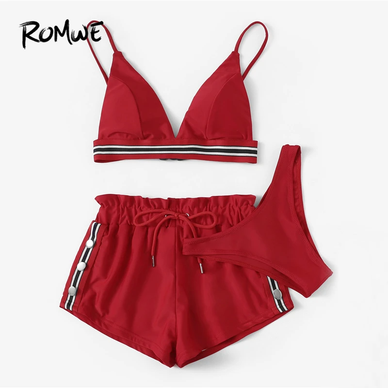 Romwe الرياضة الأحمر 3 قطع حزمة البيكينيات مجموعة مخطط تريم المثلث البرازيلي مع اللباس الداخلي و شورتات للبحر النساء السباحة مجموعات ملابس الس...