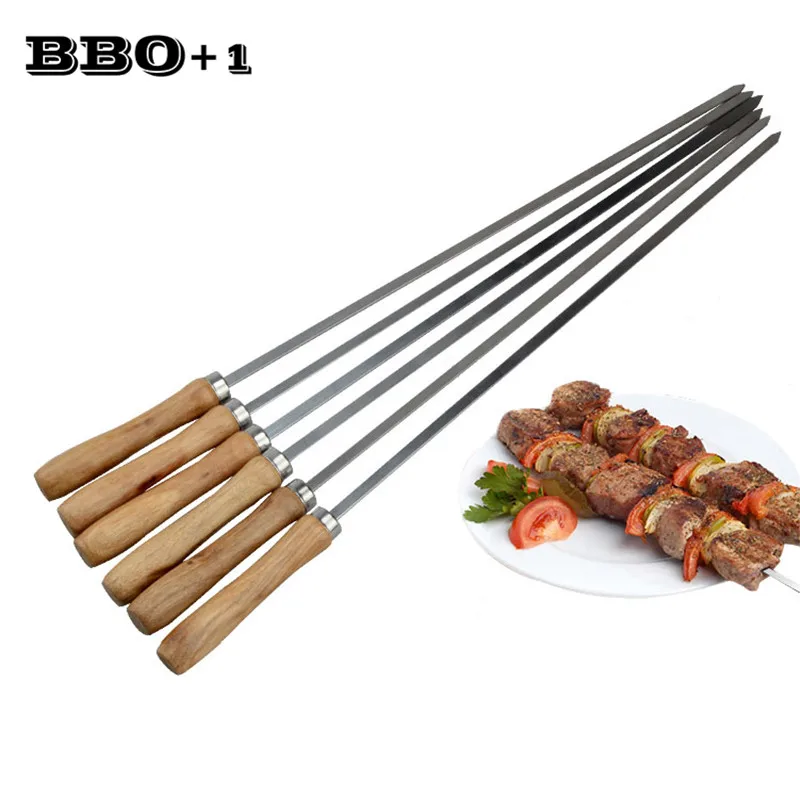 

16.5in 42cm Wooden BBQ Shish Kebab Skewers Stainless Steel BBQ Sticks Barbecue Skewer Stick Grill Kabob Needle Heat Resistance