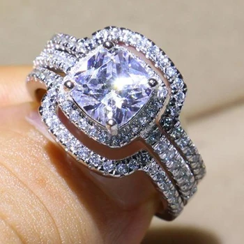 

Lovers 3-in-1 Ring Set Cushion cut 8mm Stone 5A Zircon stone 10KT White Gold Filled Engagement Wedding For women finger jewelry