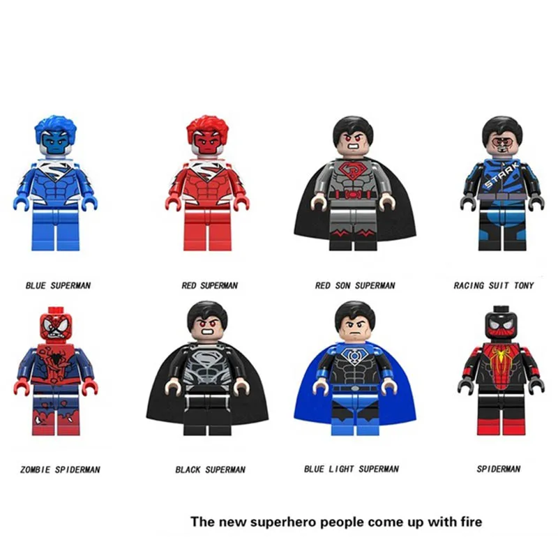 

8pcs New Legoing Minifigure Super Heroes Blue Light Red Son Black Superman Zombie Spiderman Racing Suit Tony Model Kids Gift Toy