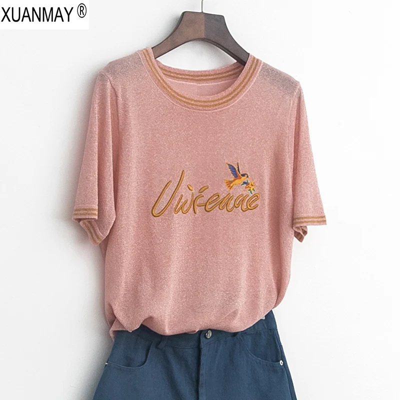 

2019 Summer women's Thin Sweater Bright fabric Short-sleeved knit Top fine Embroidery craft Summer pullover Thin Sweater women