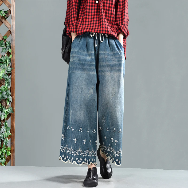 

Autumn New Cotton Embroidered Drawstring Jeans Women's Literary Versatile Retro Wide Leg Pants