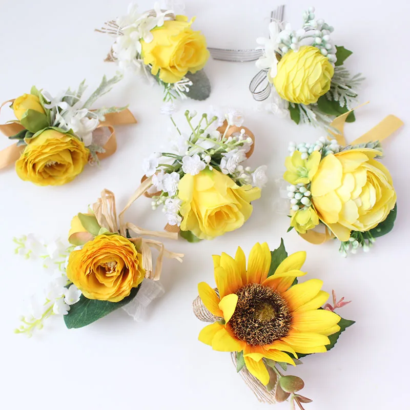 Boutonniere Flowers wedding wrist corsage flowers silk roses yellow  (5)