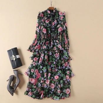 

Spring Designer Runway Dress 2019 Women Elegant Layer Ruffles Floral Printed Midi Chiffon Dress