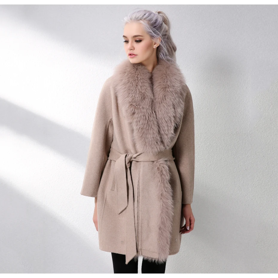 JELUDA Hot Sale Cashmere Coat Women Scarf Collar With Natural Real Fox Fur Real Fur Coat Genuine Leather Jacket Women Overcoat