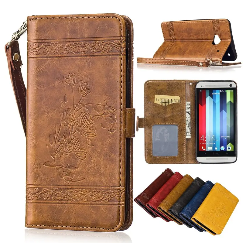 

For HTC One M7 Case 4.7 inch Retro embossed lanyard Card Slots wallet With Flip Stand protective Cover For HTC One M7 801E Case