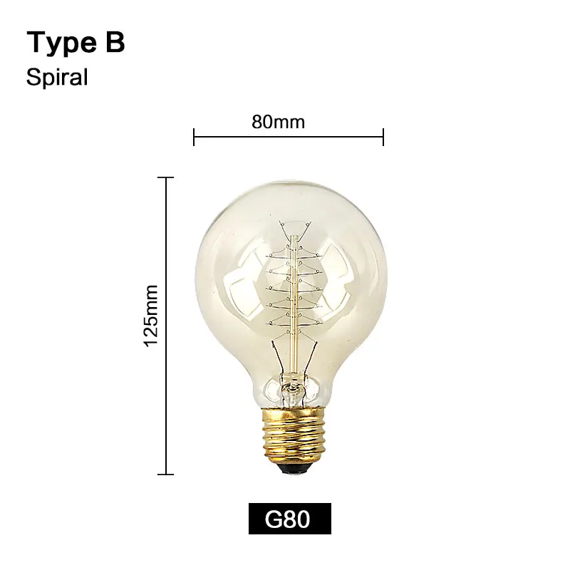 Ретро Винтаж Эдисон лампы Подвесная лампа-канделябр 220V нити E27 Эдисон лампы накаливания Светильник лампы античный Вольфрам лампа - Цвет: G80 Spiral