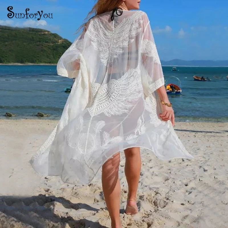 Сетки Cover up Саида de Praia купальник с вышивкой Cover up саронг кимоно Летняя Пляжная накидка платье Vestidos de Playa