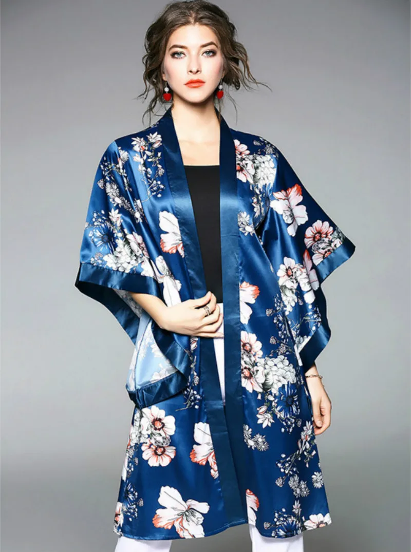 

2018 Spring New Women's Clothes Imitation Silk Loose Shawl Coat Floral Printed Female Jacket