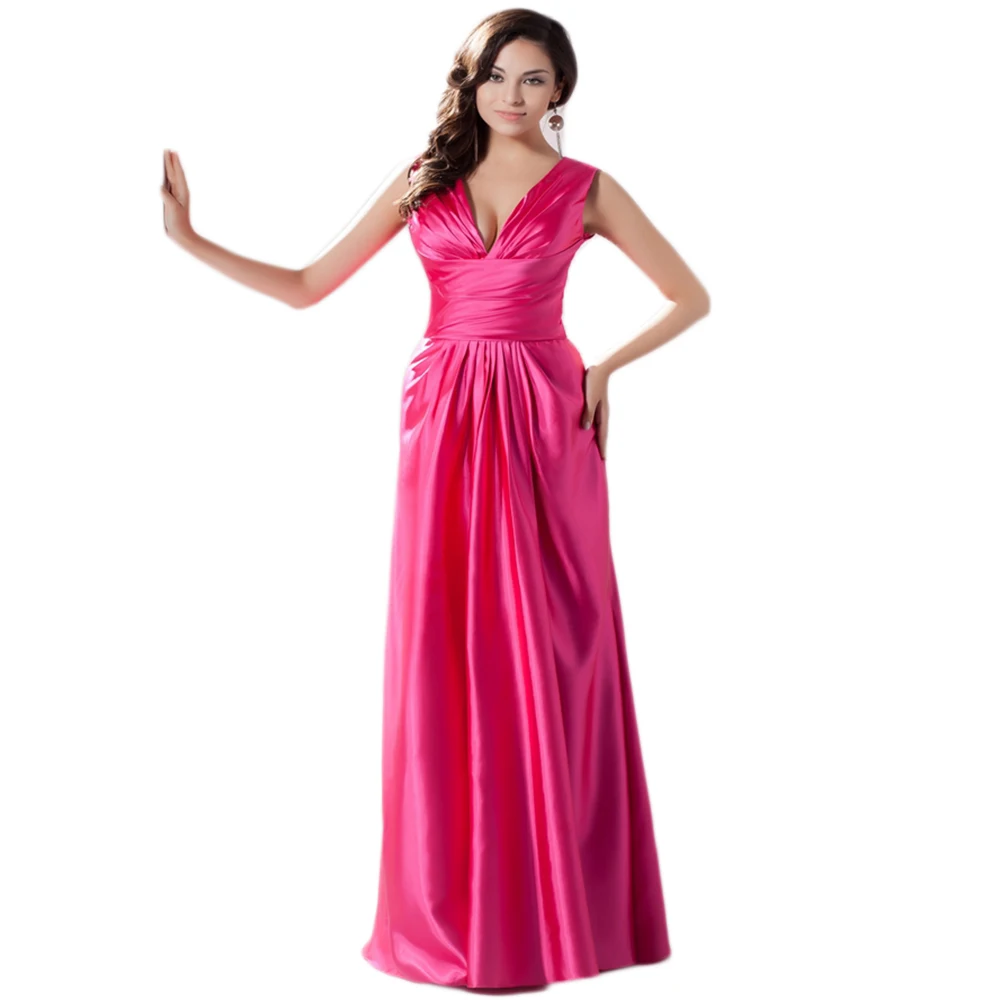 Real photos high Quality Fuchsia satin Prom Dress Sexy V neck Women Sexy Formal Evening Prom Dress Women vestidos de festa longo