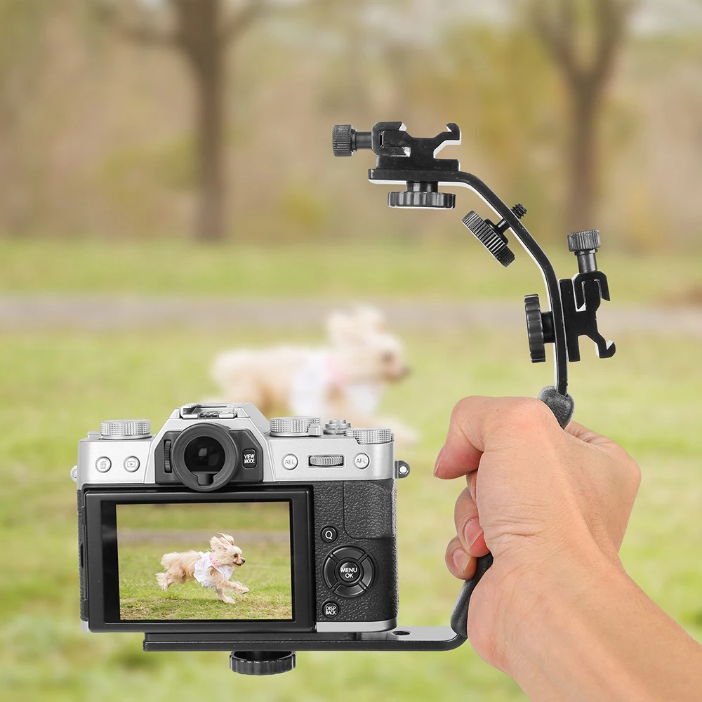 Universal Flash Camera Grip L Bracket with 2 Standard Side Hot Shoe Mount for Flash DSLR Video Light Camcorder Holder (2)