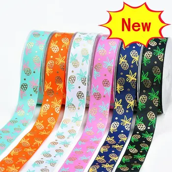 

new arrivals 10yards 1 " 25 mm gold foil pineapple pattern printed grosgrain ribbon
