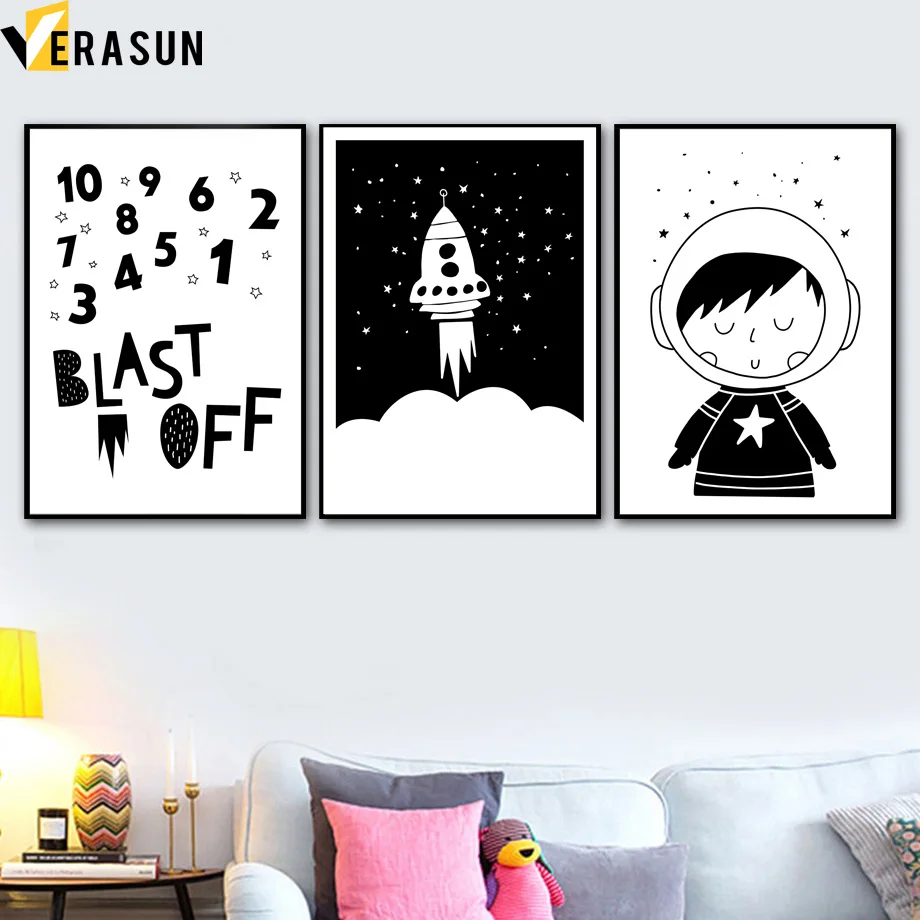 

Black White Number Rocket Astronaut Wall Art Canvas Painting Nordic Posters And Prints Cartoon Wall Pictures For Kids Room Decor