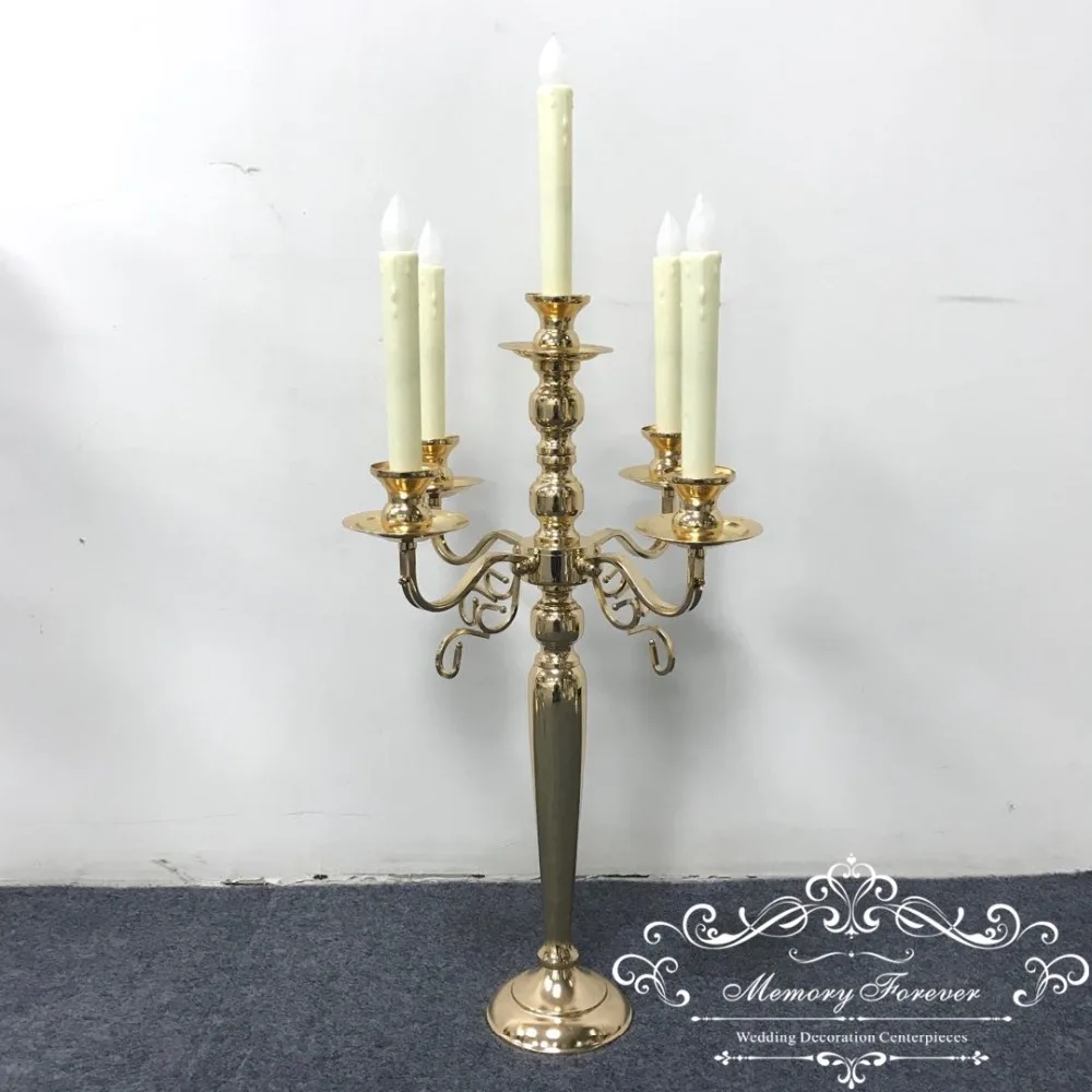 웨딩 장 우아한 5 헤드 Candelabra, 메탈 골드 테이퍼 캔들 홀더, 이벤트 파티 테이블 중앙 장식품