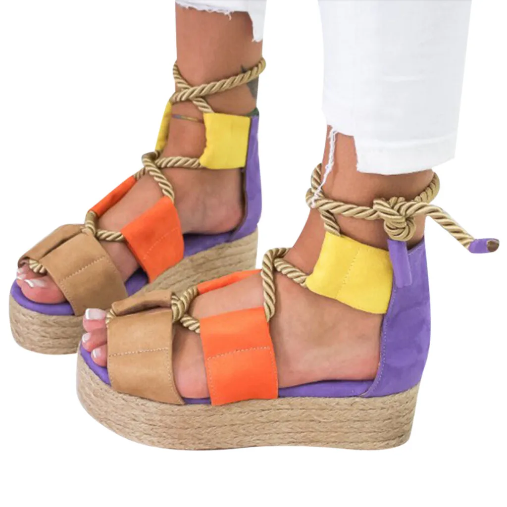 Г., летние женские сандалии на плоской подошве женская пляжная обувь на шнуровке с пеньковой веревкой туфли на танкетке удобные босоножки на платформе на высоком каблуке, 9,19 - Цвет: Purple