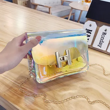 

Laser Handbag Ladies 2019 New Colorful PVC Jelly Package Korean Version Chain Shoulder Transparent Small Square Bag Solid Color