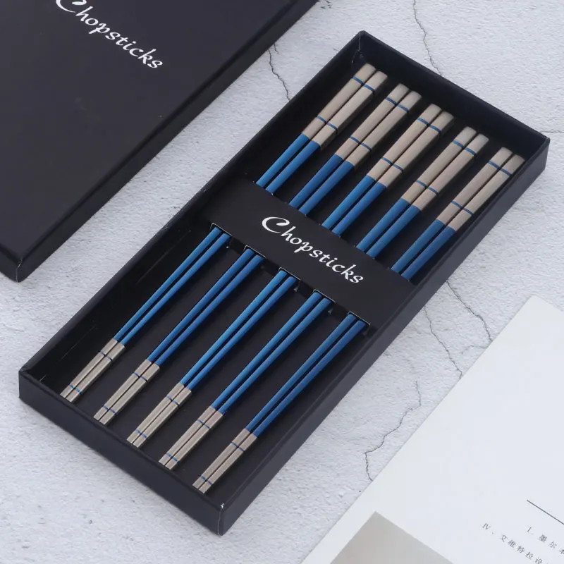 5 Pairs with box 5 пар, Подарочная коробка, золотисто-черная палочка для еды из нержавеющей стали 304, палочки для еды, японская, Корейская посуда, столовые приборы для суши - Цвет: 5 Pairs with box