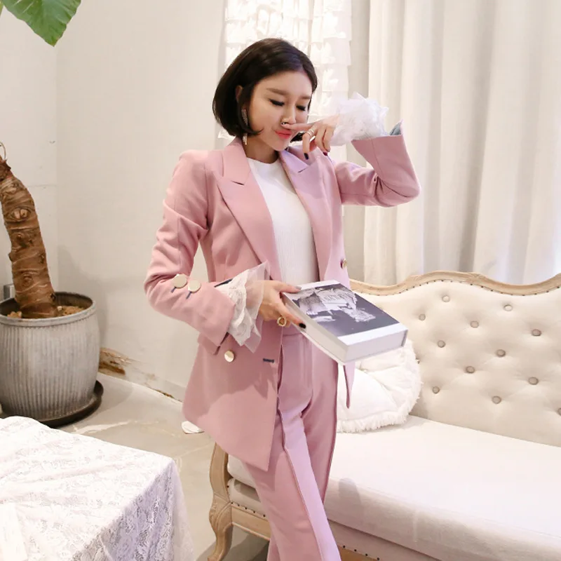 Women's suit suit pants and suit High quality fabric pink double-breasted slim suit jacket female Trousers set 2019 new