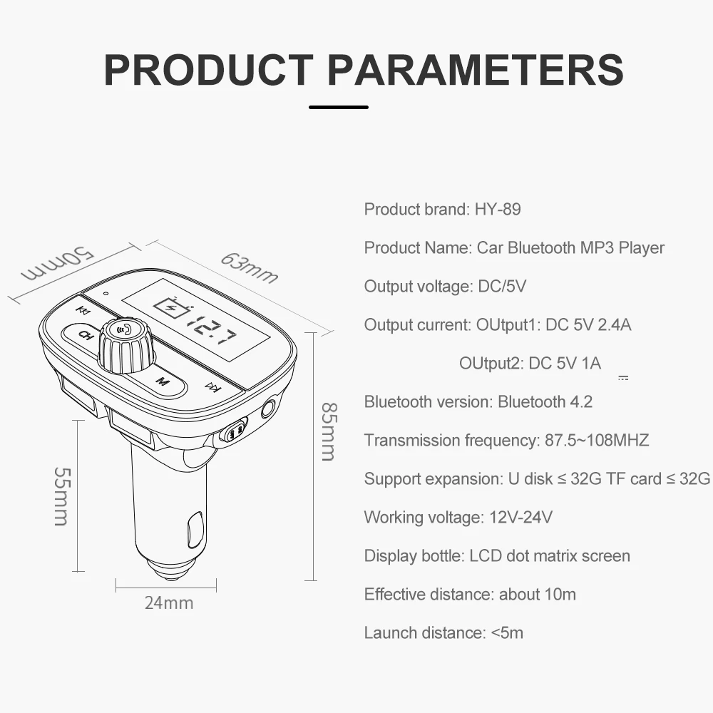 Vehemo 3.1A для беспроводного передатчика Bluetooth Dual USB дисплей текста TF карта стерео автомобильное зарядное устройство fm, микрофон Handsfree