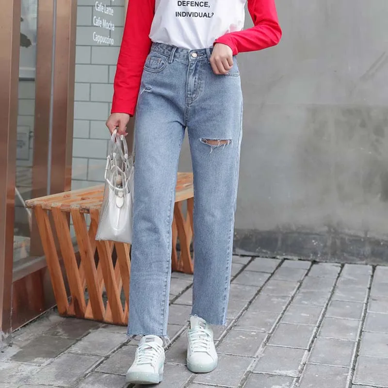 2019 новый для женщин Harajuku джинсы для высокая Талия Тонкий джинсы рваные, с дырками Прямые хлопковые ботильоны длина Жан женский #5503