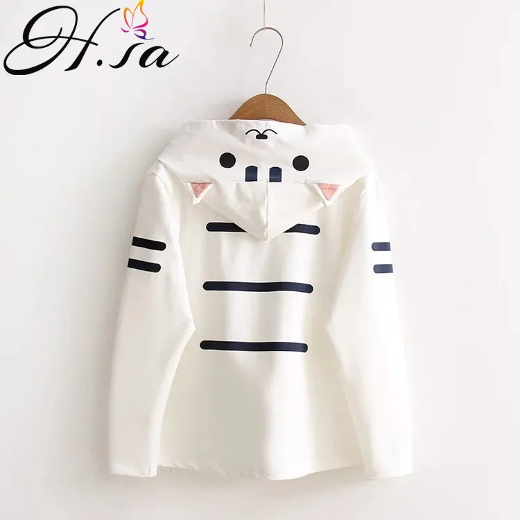 

H.SA T shirt Women 2018 Clothing Casual Ladies Spring Tees Hooded Cartoon Cute Cotton Tee Shirt Striped Long Sleeve Cat T-shirt