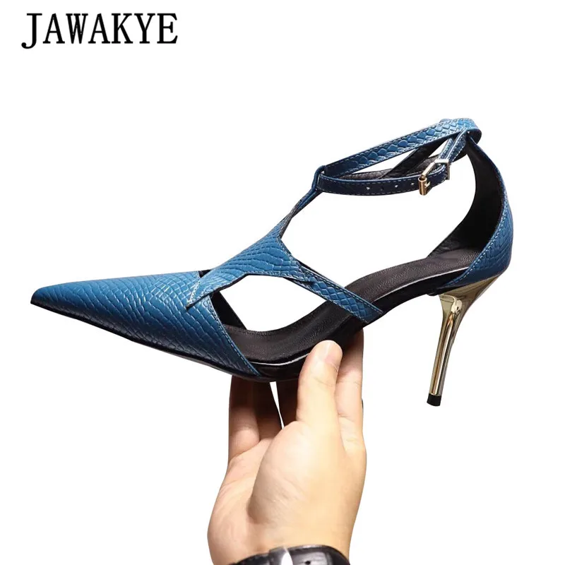

JAWAKYE Cut Outs Star Pattern Stilettos Women T Strap Pointy Toe Litchi Leather High Heels Elegant Office Ladies Formal Shoes