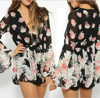

Summer 2016 jumpsuit women Sexy deep v neck printing jumpsuit romper Casual butterfly sleeve short overalls