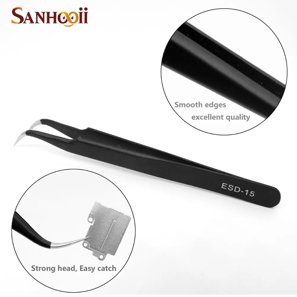 Sanhooii 9PCS ESD Stainless Steel Tweezers Kit Precision Anti-static Maintenance Tools for Electronics Jewelry Phone Repairing