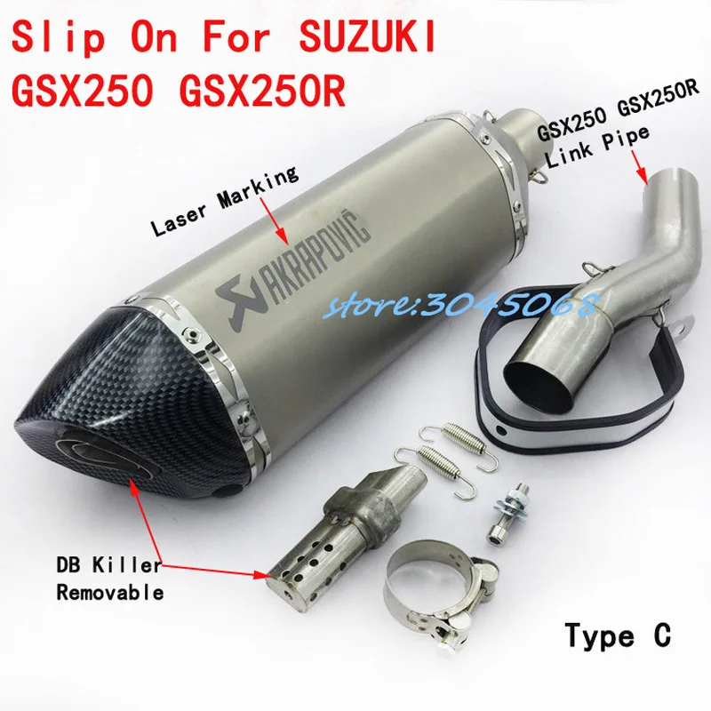 Motocicleta De Escape de Escape Resbalón Para Suzuki GSX250 GSX250R Modificado Mediados Enlace Akrapovi Tubo Silenciador Con Marcado Láser Etiqueta