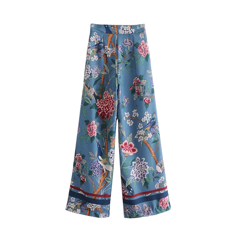 Винтажные элегантные свободные женские брюки с цветочным принтом и птицами,, модные уличные женские брюки с боковой молнией, повседневные женские брюки - Цвет: as picture