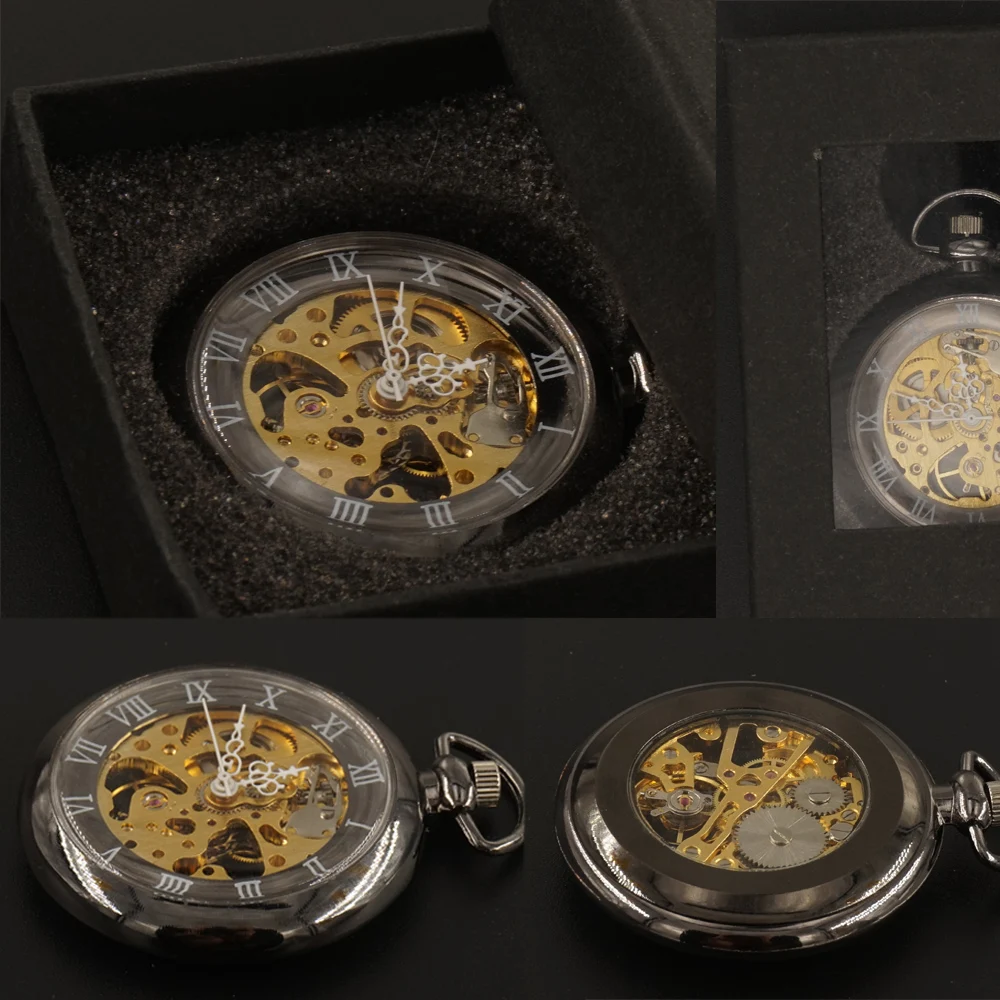 Черный римские Цифры Механический Карманный кармашек для часов цепь с подарочной коробкой ручной Ветер Стекло мужские стимпанк 2017