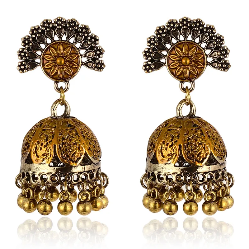 Цыганские украшения в стиле ретро, этнические, серебряные, индийские, Jhumka, маленькие колокольчики, бусины, висячие серьги с кисточками для женщин, богемные, вечерние, подарок - Окраска металла: sector gold