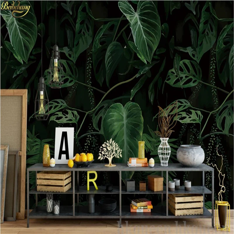 Tropical Plant Wallpaper Folha Verde Pintura a Óleo Foto Personalizada Adesivos de Fundo 3d Adesivos Café Restaurante Tema Hotel 3d