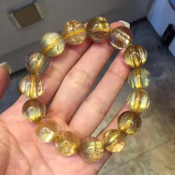 

14mm Natural Brazil Gold Rutilated Titanium Quartz Crystal Woman Man Wealthy Round Beads Bracelet Jewelry Bangle AAAAAA