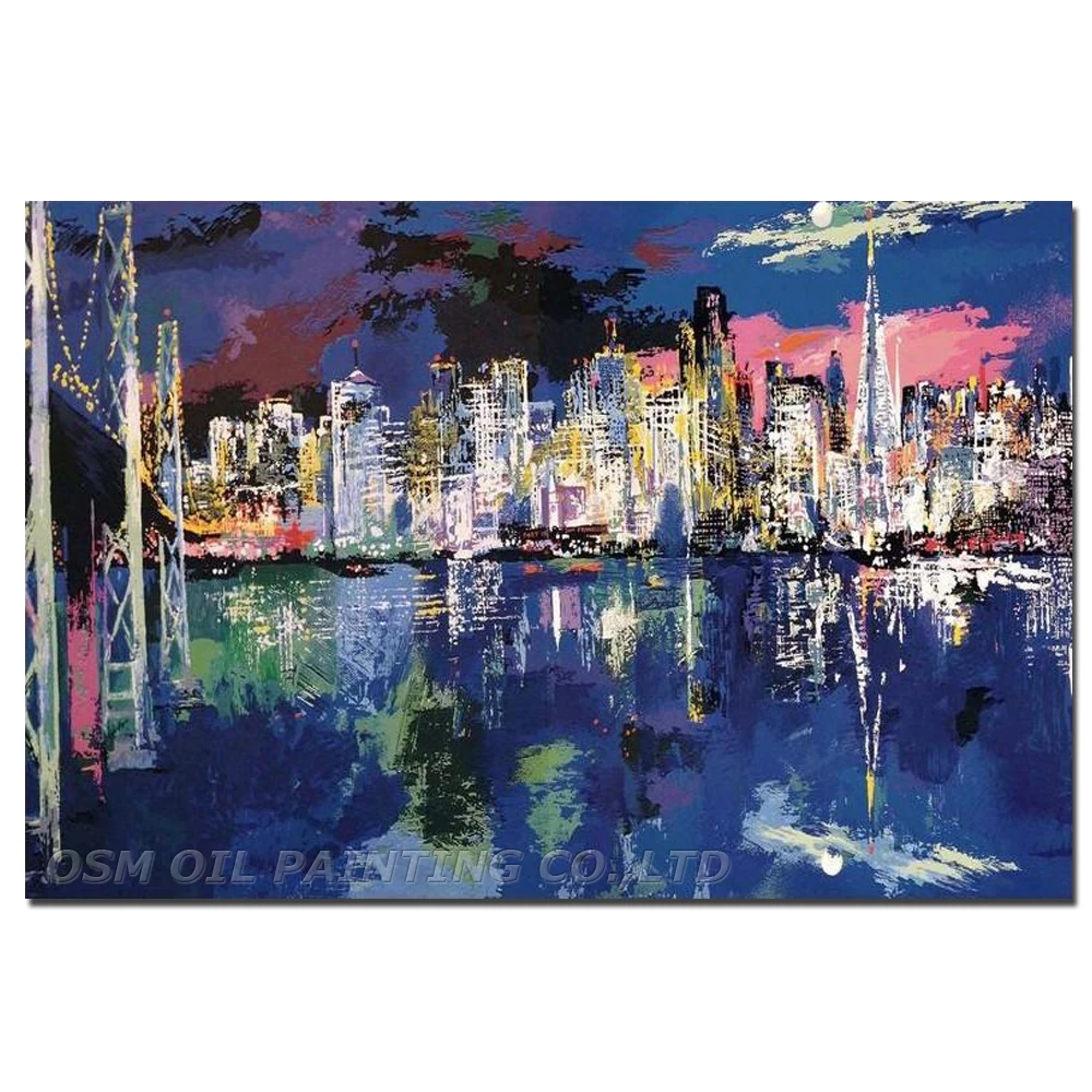 

Hand Painted Dark Blue City Oil Painting on Canvas Leroy Neiman San Francisco Nocturne Painting Wall Picture Street Landscape