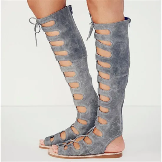 Новые летние сандалии; обувь на плоской подошве; женские ботинки с перекрестной шнуровкой и вырезами в стиле бохо; сапоги до колена на шнуровке; римские сандалии; Botas Mujer - Цвет: As picture