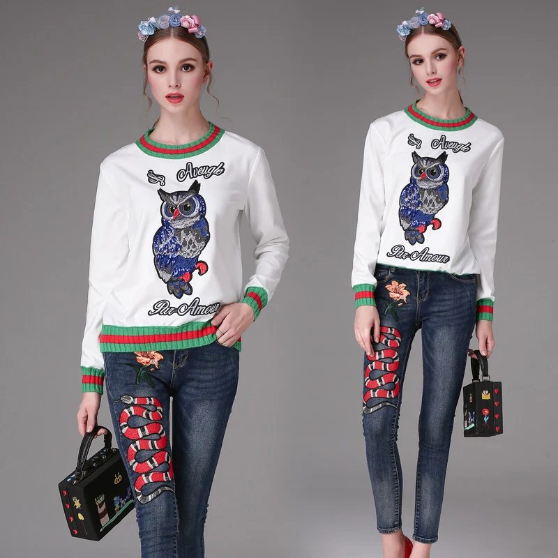 

Italy Luxury Brand Sweater Blouses 2018 Women Brand Tops Stripe Patchwork Beautiful Cute Owl Beading Embroidery Sweater Blouse