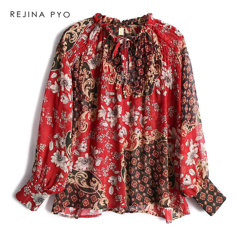 

BIAORUINA Women Vintage Chiffon Thin Shirt Floral Printed Shirt Stand Collar Female Fashion Loose Shirt Tops All-match Tops