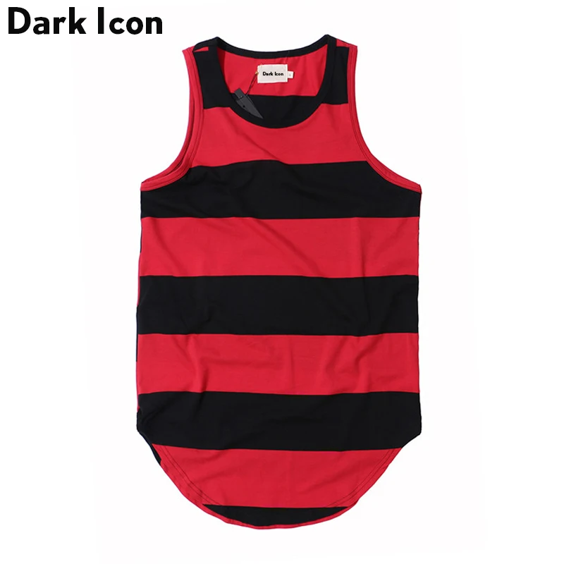 

DARK ICON Striped Curved Hem Hip Hop Tank Top Men 2019 Summer Extended Long Line Men's Tank Top 3 Colors