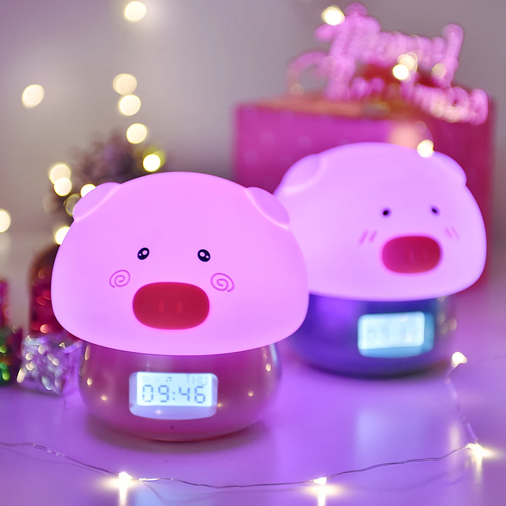 3 in 1 Pig LED Night Light with Alarm Clock Recorder Remote Touch Sensor Colorful USB Silicone Children Kids Baby Bedside Lamp (2)