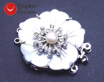 

Qingmos 40mm Flower Shell Clasp Accessories for Jewelry with 8mm Natural Pearl & White Rhinestone 3 Strands Clasp-gp124