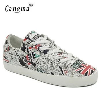 

CANGMA Brand Woman Designer Autumn British Flag Female White Footwear Genuine Leather Sneakers Shoes Womens Printing Flat Shoes